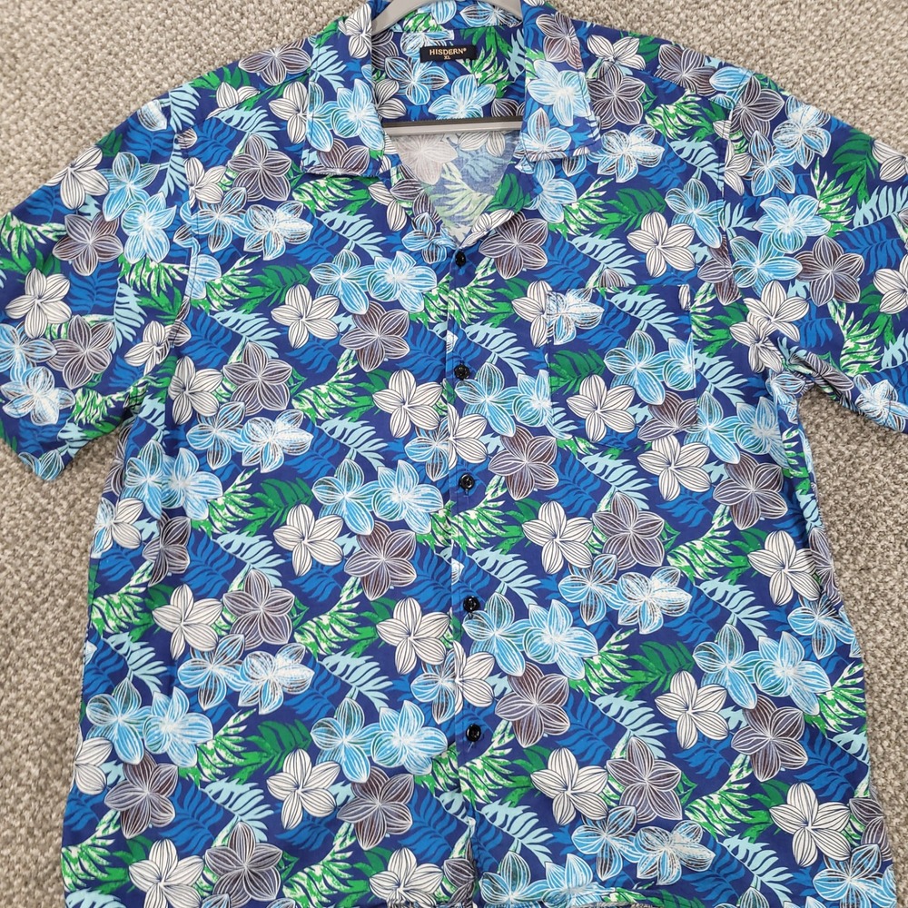 Hisdern Mens XL Tropical Floral Cotton Short Sleeve Button Down Camp Shirt Blue